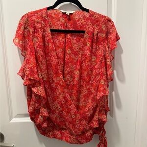 Liverpool Red Floral Ruffle Blouse